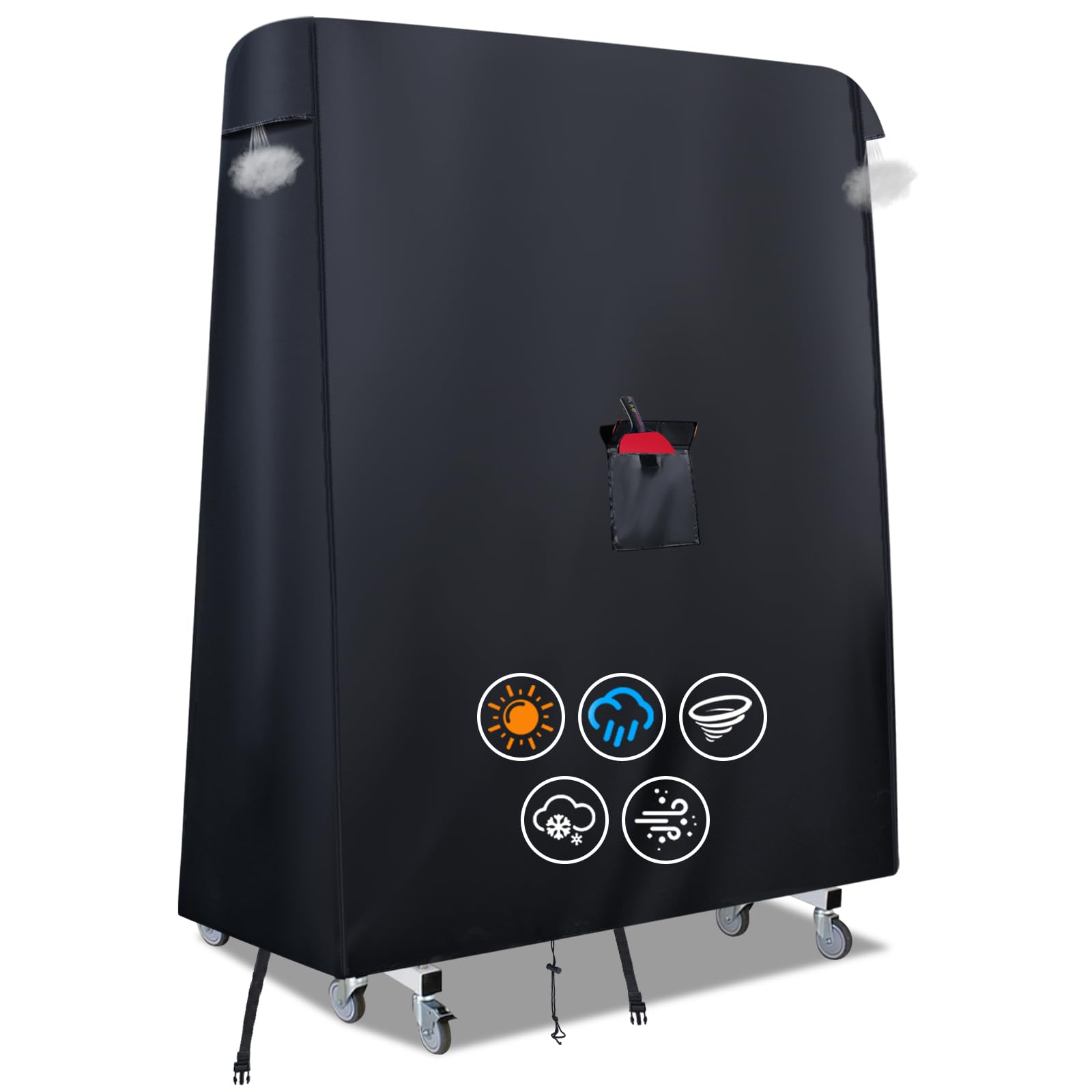 Table Tennis Cover Waterproof Outdoor,Premium 420D Table Tennis Table Covers with 2 Windproof Buckles,Paddle Pocket and Air Vent,Universal Table Tennis Cover,Folding Ping Pong Table Cover 165×70×185cm