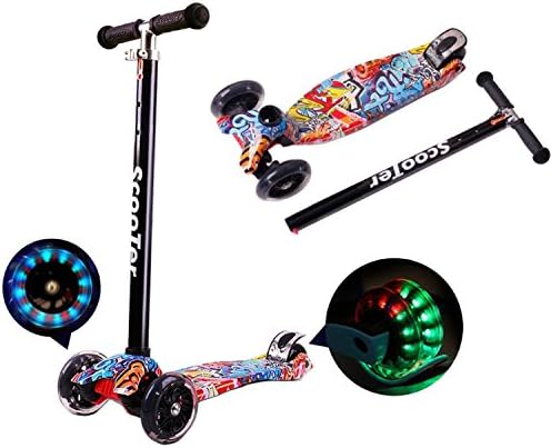 QSHS Scooter,3 Flashing PU Wheels Alluminum T-bar 4 Heights Adjustable Handle Kick Scooter Wide Glider Deck Rubber Handle Rear Brake Pedal Children 3-14 Years Old