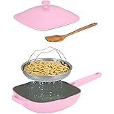 MogaMax Nonstick Ceramic Saute Pan with Steamer, All-in-One Pan, PFOA,PFOS,Lead & Cadmium Free,Dishwasher Safe,4 Qt,11-inch, Pink, Stay-cool Handle,non stick chef's pan