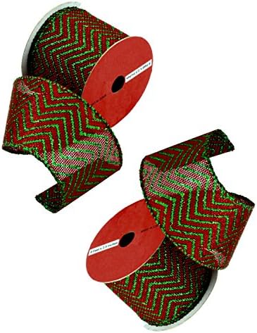 Christmas Decorative Gift and Tree Wired Ribbon 2.5"W x 9FT Spool (Pack Of 2) (Green Chevron)
