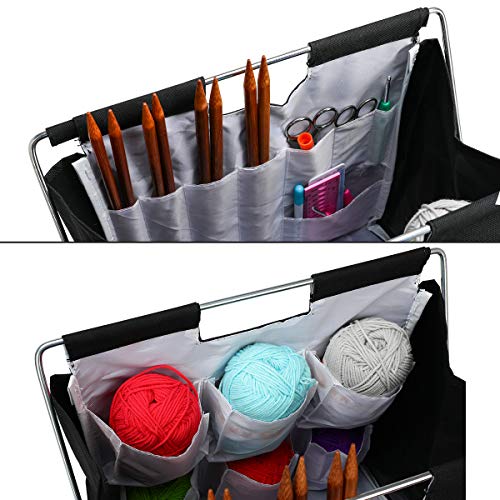Looen Easy Fold-Up Yarn Bag Arts Caddy Organizer Knitting Project Storage Bag Household Sundries Organization Stainless Steel Folding Basket for Knitting Crochet Sewing (Black)