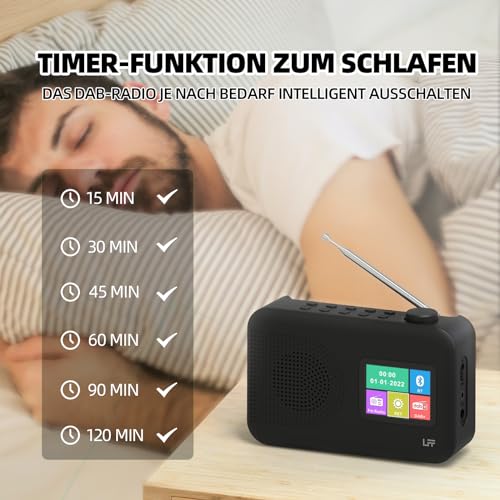 LFF Digital Radio DAB Small Digital FM Radio with DAB+ and Bluetooth, Colour Display, Battery or Cable Function - Black