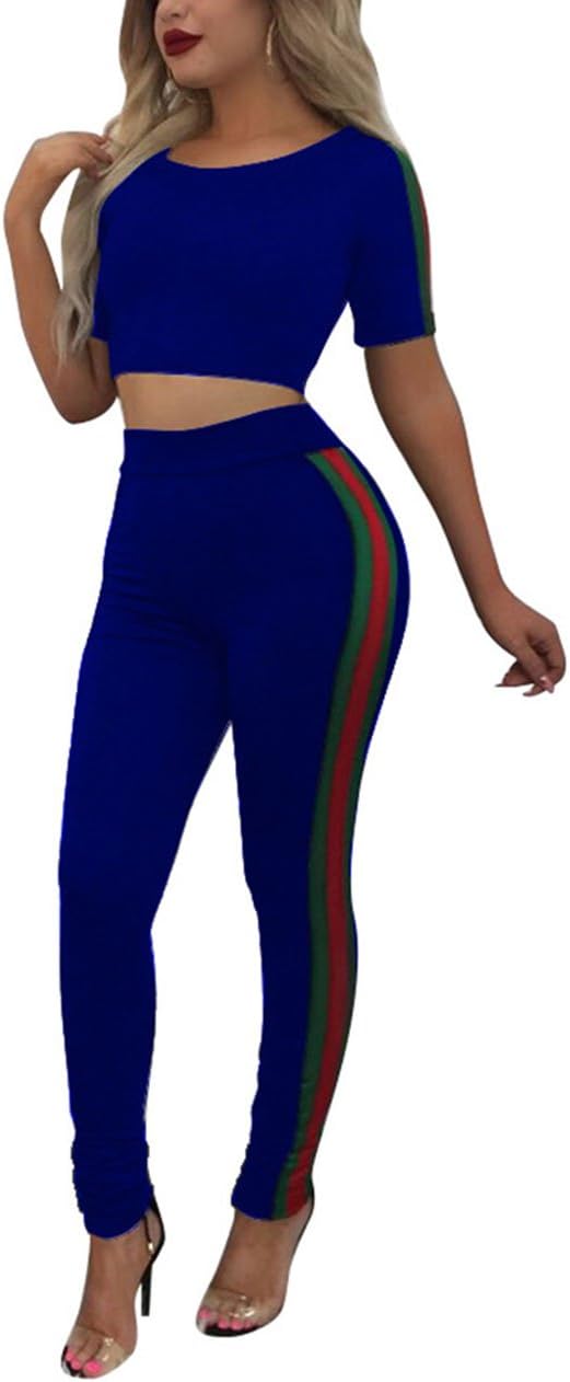Akmipoem Women's 2 Pieces Outfits,Crop Top Bodycon Long Pants Tracksuits Set