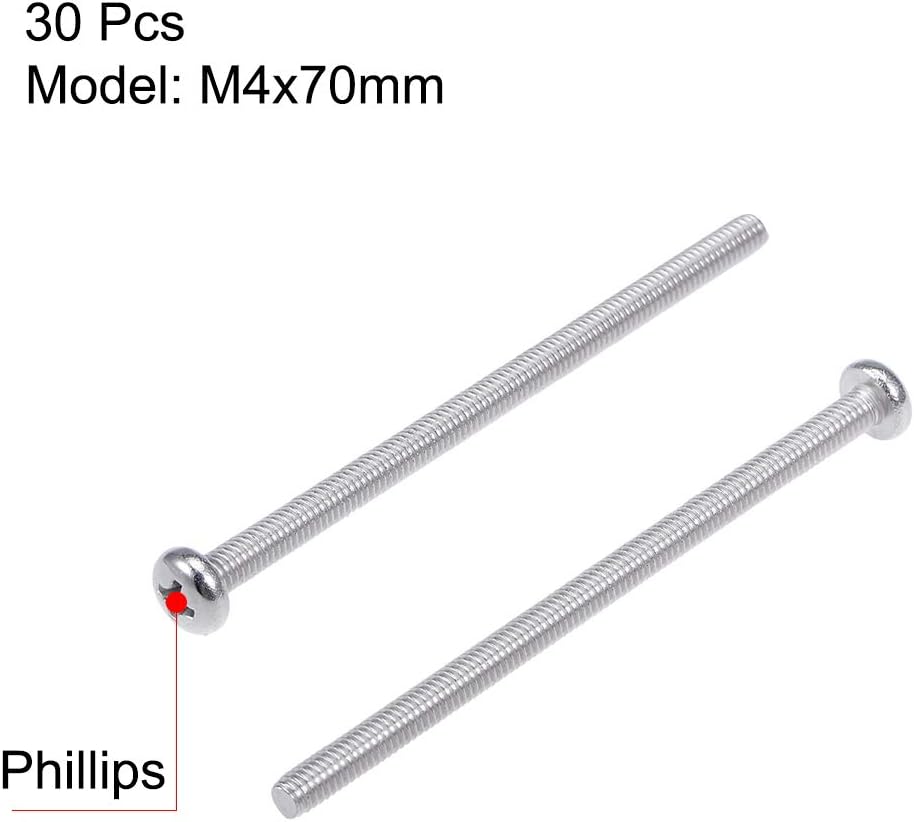 sourcing map M4x70mm Machine Screws Pan Phillips Cross Head Screw 304 Stainless Steel Fasteners Bolts 30Pcs - Image 3