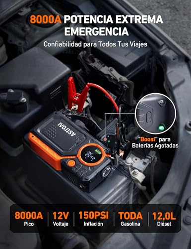 AstroAI Arrancador de Batería de Auto 8000A Compresor de Aire 150PSI, Jump Starter Cargador de Batería de Auto 12V(Todo Gasolina/8.0L Diésel) con Inflador de Llantas para Carro, SUV y Moto