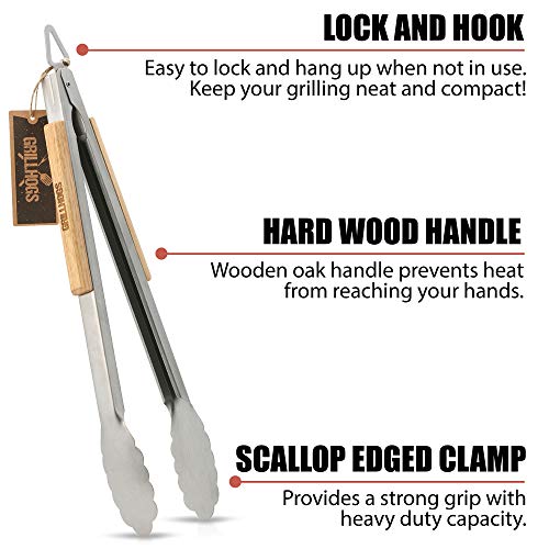 GRILLHOGS Barbecue Grill Tongs, 16 Inch, Best Metal Kitchen Tongs for Cooking and Grill Accessories, Stainless Steel + Oak Wood BBQ Tongs