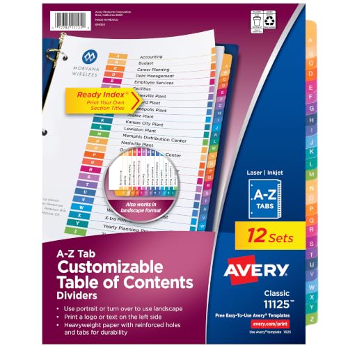 Avery AZ Table of Contents Dividers Multicolor Sets