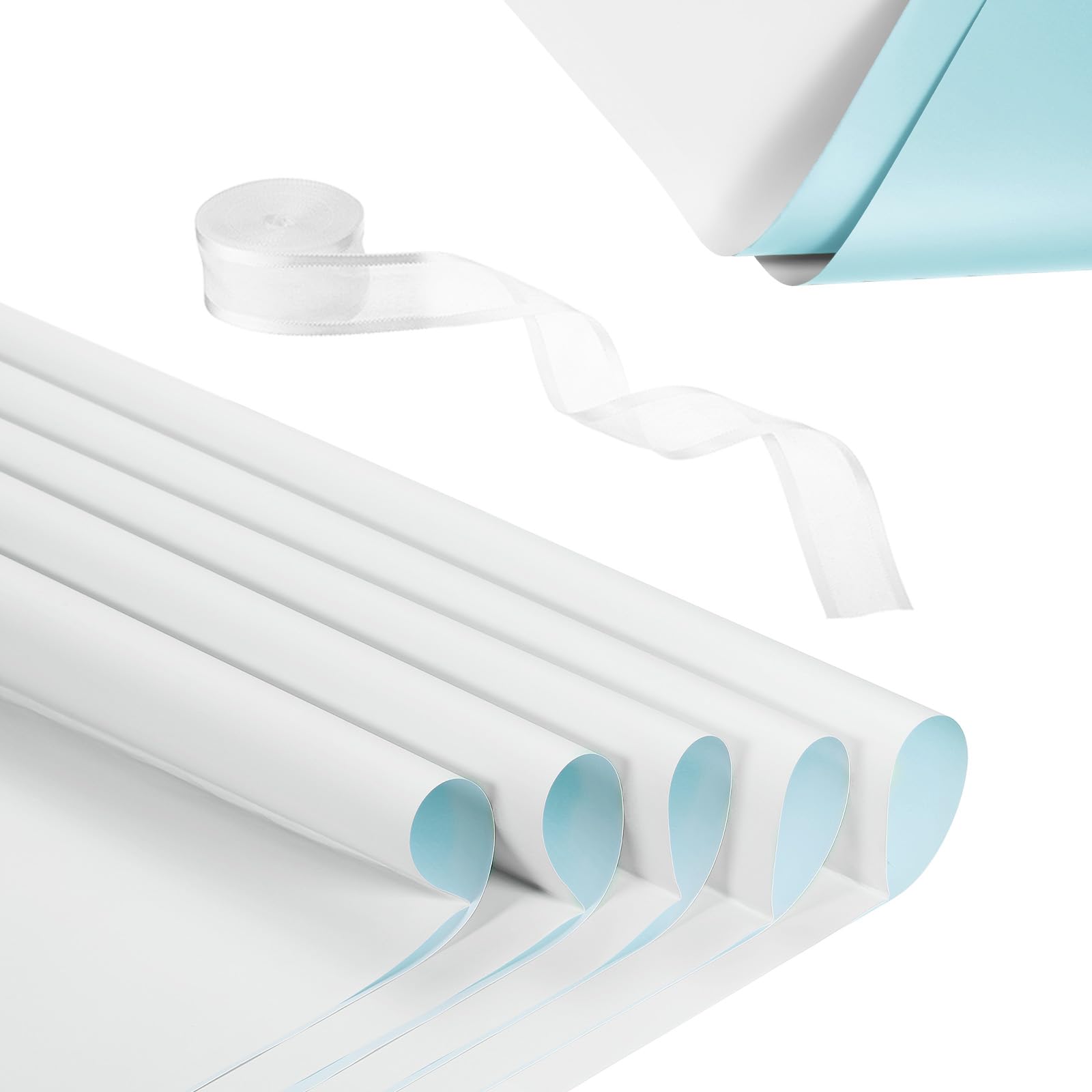 PATIKIL 20 Sheets Flower Wrapping Paper, Waterproof Flower Paper Wraps with Ribbon Floral Bouquet Supplies for DIY Crafts Packaging Bouquet, 22.8x22.8 Inch, Sky Blue/White