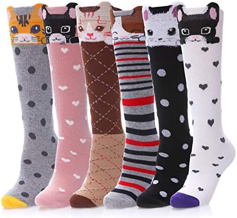 LANLEO Girls Socks 6 Pairs Cute Cartoon Animal Cotton Over Calf Knee High Socks for Kids Teens 3-12 Year Old