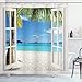Ambesonne Turquoise Shower Curtain Beach Home Tropical Palms on Island Ocean Through White Wooden Windows Cloth Fabric Set with Hooks for Bathroom Decor and Backdrop 69