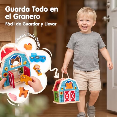 hahaland Montessori Toys 1 Year Old, 4 in 1 Farm Toy with 7 Animals & Barn, Wooden Stacking and Sorting Game, Gift for Kids Ages 1-3
