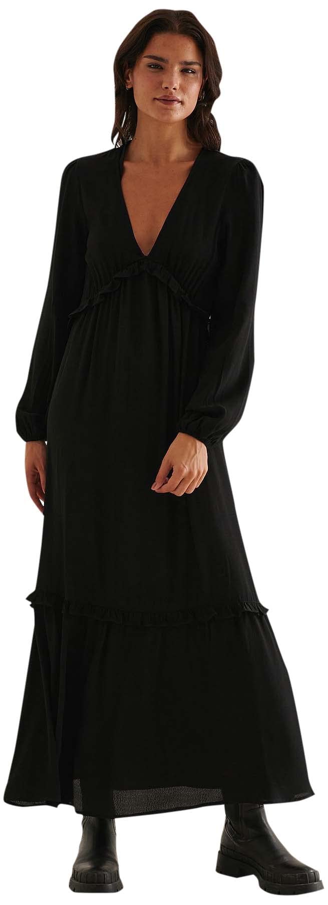 NA-KD Women's Balloon Sleeve Maxi Frill Casual Dress, Black, 8 UK