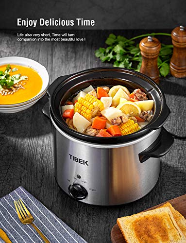 Slow Cooker 4 Quart Manual Slow Cooker with 3 Adjustable Temp Settings, Dishwasher-safe Stoneware Pot and Tempered Glass Lid, Suitable for 1-4 People, Stainless Steel, TIBEK