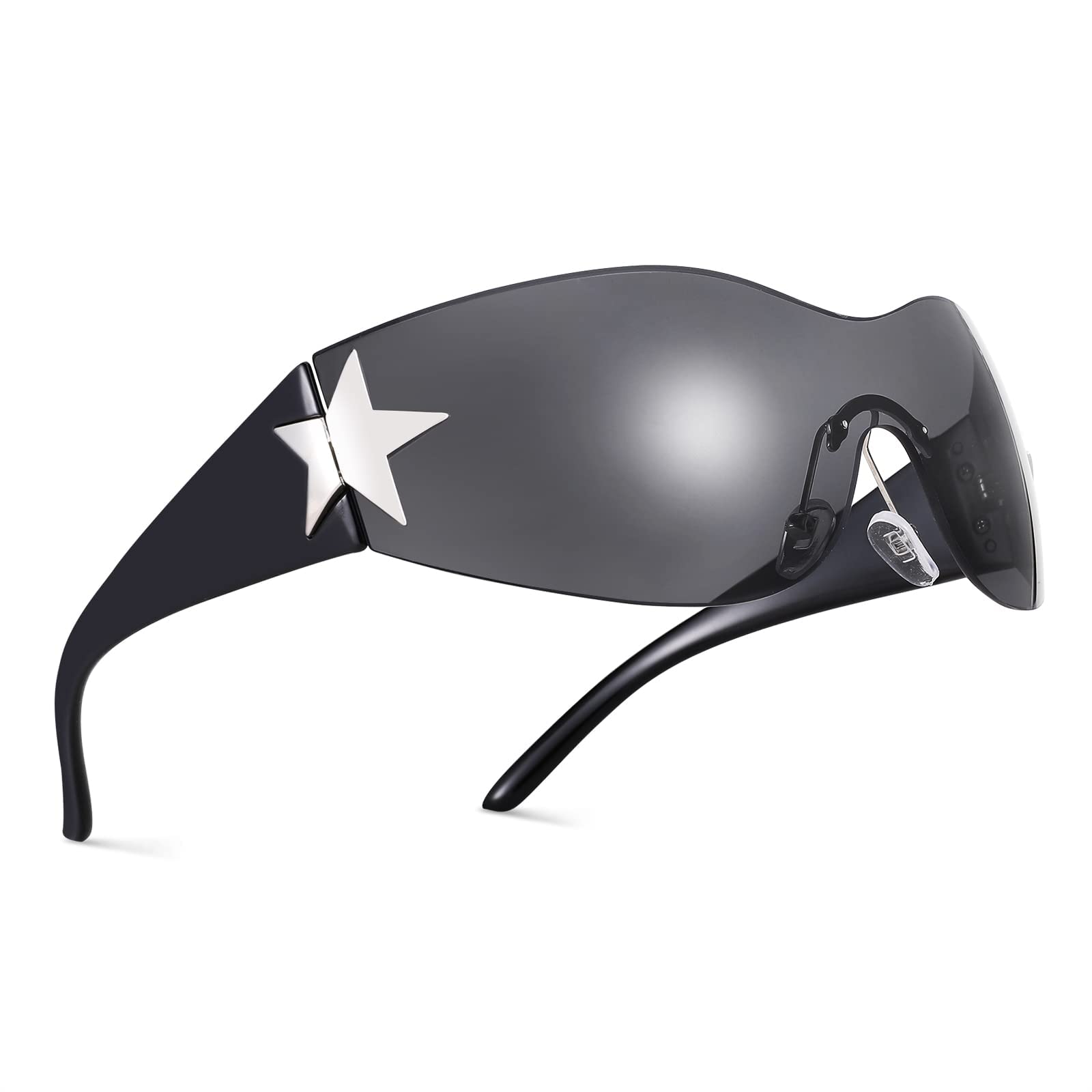 Photo 1 of COASION Rimless 2000s Wrap Around Star Sunglasses Women Men Visor Shield Shades Oversized Fashion Frameless Sun Glasses (Black)