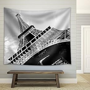 Detailed Bottom View of Eiffel Tower, Paris, Black and White Image - Fabric Wall Tapestry Home Decor - 51x60 inches