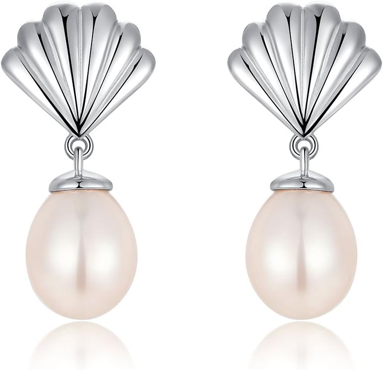 Jiahanzb Women 925 Sterling Silver Shell Pearl Drop Earrings,Elegant Teardrop Fashion Natural Cultured Freshwater Pearl Earrings 8mm
