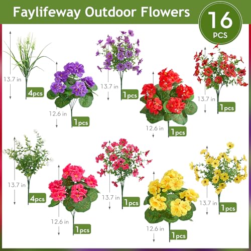 Faylifeway 16 Bundles Artificial Flowers for Outdoors, UV Resistant Fake Outdoor Flowers, Silk Faux Flowers for Outside Planters,Garden,Porch,Yard,Home Decor(Mixed Color)