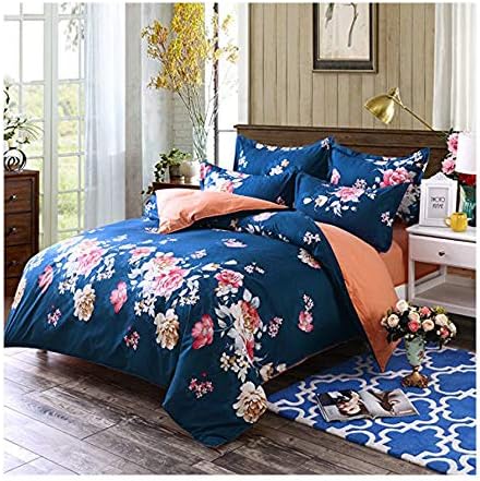KFZ 4pcs Bedding Set Duvet Cover Set Without Comforter Flat Sheet Pillowcases Twin Full Queen Peony Flower Design (Twin, Peony, Blue)