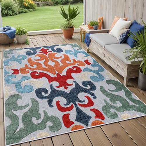 Superior Aldaine Indoor Outdoor Area Rug, Perfect for Patio, Poolside, Backyard, Playroom, Kitchen, Bedroom, Dining Room, Entryway, Mudroom, Vintage Damask Floor Cover, 5' 6" x 8', Multicolor at Amazon