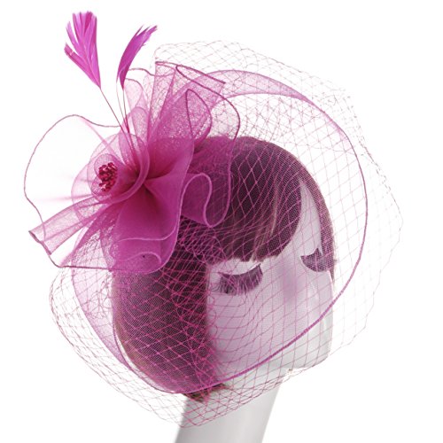 Lusiyu Fashion Women's Flower Feather Mesh Net Fascinator Hat (Rose red) - Thumbnail 5