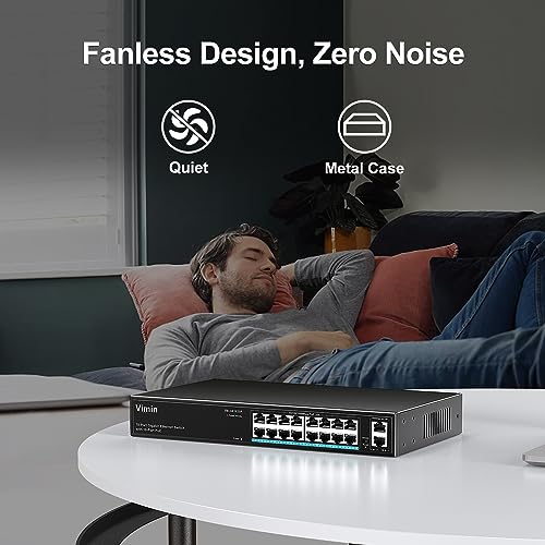 VIMIN 16 Ports Gigabit PoE Switch with 2 Gigabit Uplink Ports, 18 Ports Unmanaged PoE Ethernet Switch with 250W Power, Support for IEEE802.3af/at, VLAN, Metal Enclosure