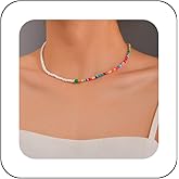 Ximdble Vintage Colorful Seed Bead Necklace Short Seed Bead Choker Necklace Rainbow Bead Choker Necklace Splice Chain Choker Necklace White Rice Bead Necklace Jewelry for Women