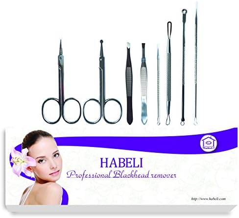 HABELI-Professional Blackhead &amp; Splinter Remover Tools Stainless Steel With 8PCS - Easily Blackhead Removal, Remove Pimples Whiteheads Comedones Acne Zit Ingrown Hairs and Facial Impurities Surgical