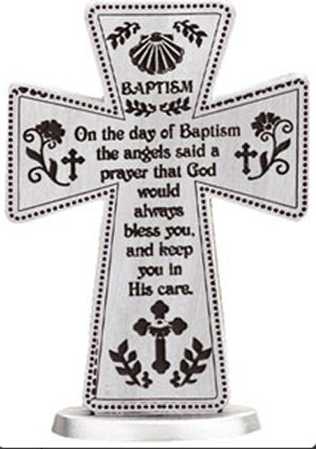 Catholic Gift Shop Standing Pewter Baptism Cross 3 Inch + Lourdes Prayer Card - Baby Gifts (46553)