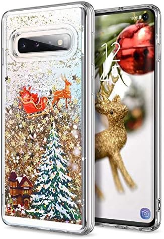Veapero Samsung Galaxy S10 Plus Case,3D Creative Merry Christmas Tree Pattern Glitter Quicksand Flowing Liquid Bling Sparkle Cute Soft TPU Transparent Protective Case for,Gold