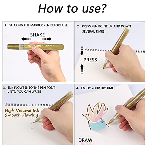 VHEONET Acrylic Paint Pens, 6 Pack (3 Gold 3 Silver) 3mm Permanent Painting Markers DIY Craft for Rock Ceramic Glass Wood Plastic Canvas Fabric Mug, Quick Dry, High Volume Ink