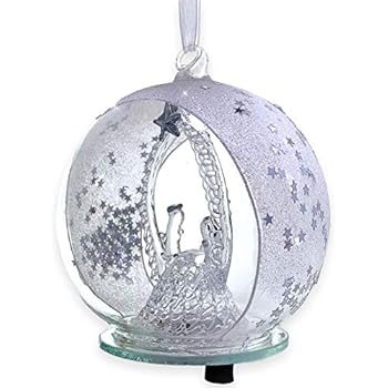 BANBERRY DESIGNS Holy Family Nativity LED Glass Globe Christmas Tree Ornament - Color Changing Lights - Clear Glass with Metallic Silver Stars and Glitter - 4.5 Inch Diameter