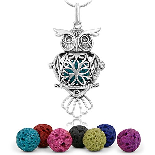 Maromalife Premium Owl Diffuser Necklace Lava Stone Diffuser Necklace Aromatherapy Essential Oil Diffuser Necklace Locket Pendant Gift Set with 24 ins Chain and Multi-Colored Lava Rock [Classical]