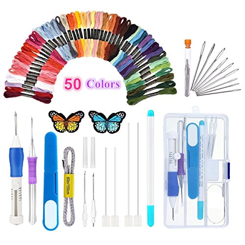 Magic Embroidery Pen Punch Needle,Embroidery Pen Set,Embroidery Patterns Punch Needle Kit Craft Tool,Including 50 Color Threads for DIY Threaders Sewing Knitting