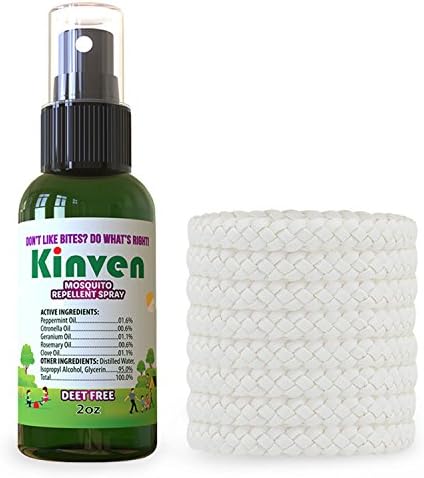 Kinven Anti Mosquito Repellant Bundle - Mosquito Repellent Bracelets &amp; Spray, Waterproof, Natural, DEET-free, Indoor &amp; Outdoor Protection for Adults &amp; Kids (2oz spray bottle + 8 bracelet, White)