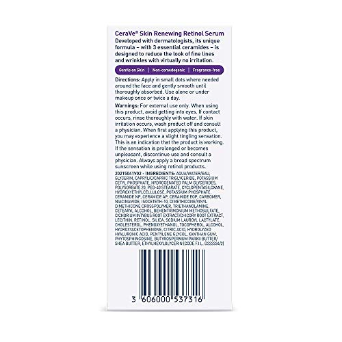 CERAVE ANTI AGING RETINOL SERUM FOR FACE, ENCAPSULATED RETINOL WITH HYALURONIC ACID, NIACINAMIDE & CERAMIDES, SMOOTHS WRINKLES & FINE LINES, GENTLE SKIN BRIGHTENING SERUM, FRAGRANCE FREE, 1 OZ