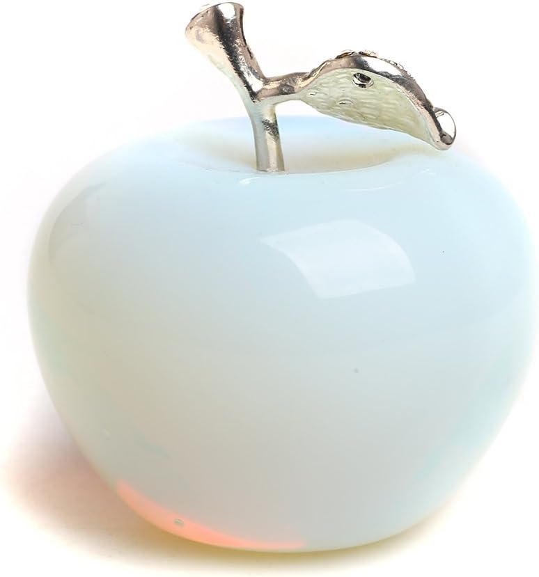 RUHONG1.68 Inches Natural Healing Crystal Stone Craft Collection Opal Apple Carved Figurine Statue Alloy Leaf Home Ornament Holiday Wedding Decoration