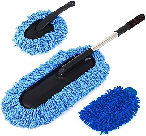 CARSTUME Ultimate Microfiber Blue Car Duster Set - Vent Brush for Exterior Cleaning - Mini Detail Brush and Mitt for Interior Dusting - Extendable long handle - Light and Easy Cleaner Even for Women