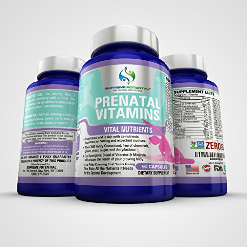 UPC 783956159199, Supreme Potential Prenatal Vitamins for Pregnant Women - Contains ZERO Sugar, Lactose, Dairy, Wheat, GMOs, Gluten or Yeast - 90 Capsules - 90 Day Supply - Manufactured in USA.