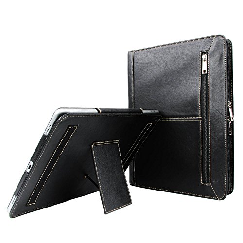 Professional Portfolio Case with Tablet Stand for Microsoft Surface Pro 3/4/New Surface, Business Organizer Document Folder with Letter Size Legal pad/Notepad Holder, Goatskin Leather (Surface, Black)