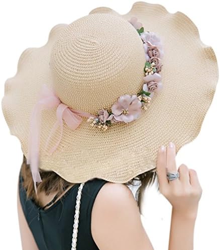 Tobo Digital Women's Flower Garland Straw Sun Hat, Ladies Summer Straw Panama Wide Brim Wreath Foldable Floppy Sun Hat Large Wide Brim Beach Hat Cap Sun Visor UPF 50 for Women