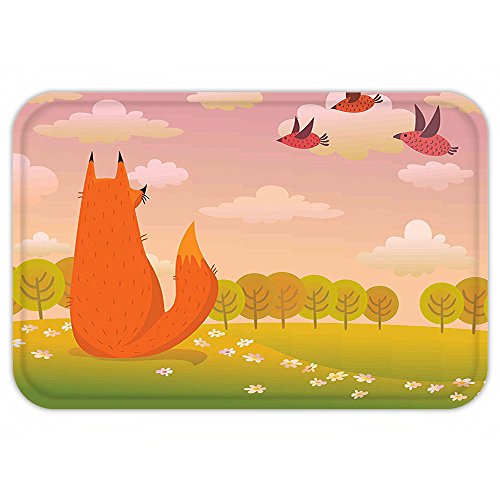 Kisscase Custom Door MatCartoon Animal Fox Wildlife in Valley Farm Sunset with BirdFlower DaisieArtwork Orange Lilac Green