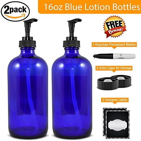 Empty Blue Glass Lotion Bottle-Large 16 oz Refillable Container for Lotion, Soap, Shampoo, &amp; More-Black Lotion Pump-2 PackBonus Free Caps, Designer Labels, Permanent Marker, &amp; Money Saver eBook
