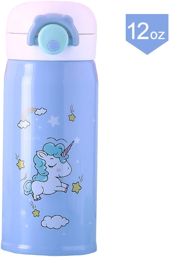 FairyShe Cute Water Bottle Cup Stainless Steel Thermos for Girls,kids Portable cover Insulated Leak Proof Vacuum Cup Flask for Family and School Party (12 oz Pink) (12 oz, Blue)