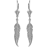 Certified 925 Sterling Silver Native American Feather Leaf Dangle Earrings