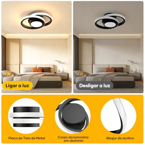 Trailabo Luminária LED de Teto, Luminária Redonda + Duas Fitas de Luz Circulares, Iluminação Ajustável em Três Cores, para Sala e Quarto, 3000-6000K (Preto)