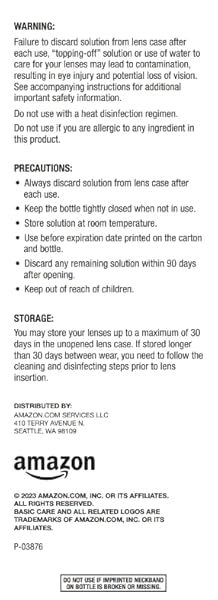 AMAZON BASIC CARE MULTI-PURPOSE CONTACTS SOLUTION – PREMIUM FORMULA, DISINFECTS, CLEANS, REMOVES PROTEIN, MOISTURIZES FOR 16+ HOURS, CONTACT LENS CLEANER & STORAGE, 12 FL OZ (PACK OF 1)