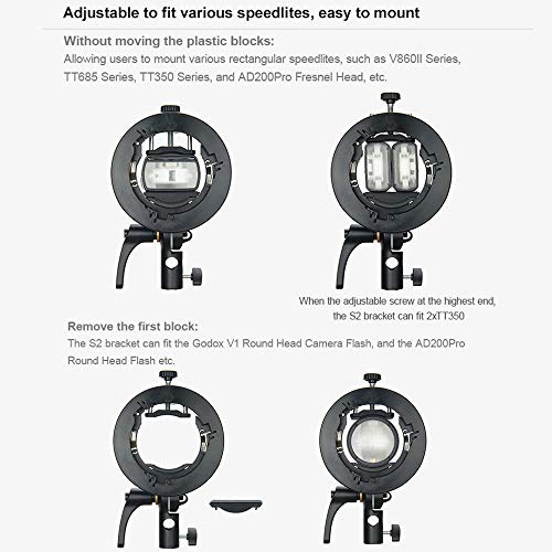 Godox S2 Bracket S-Type Speedlite Bracket Bowens Mount for Godox V1 AD200Pro AD400Pro AD200 and Other Flashes, Precise Tilt Control, Large Handle, Integrated Umbrella Mount with Pergear Diffusers