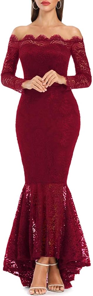 LALAGEN Women's Floral Lace Long Sleeve Off Shoulder Wedding Mermaid Dress at  Women’s Clothing store