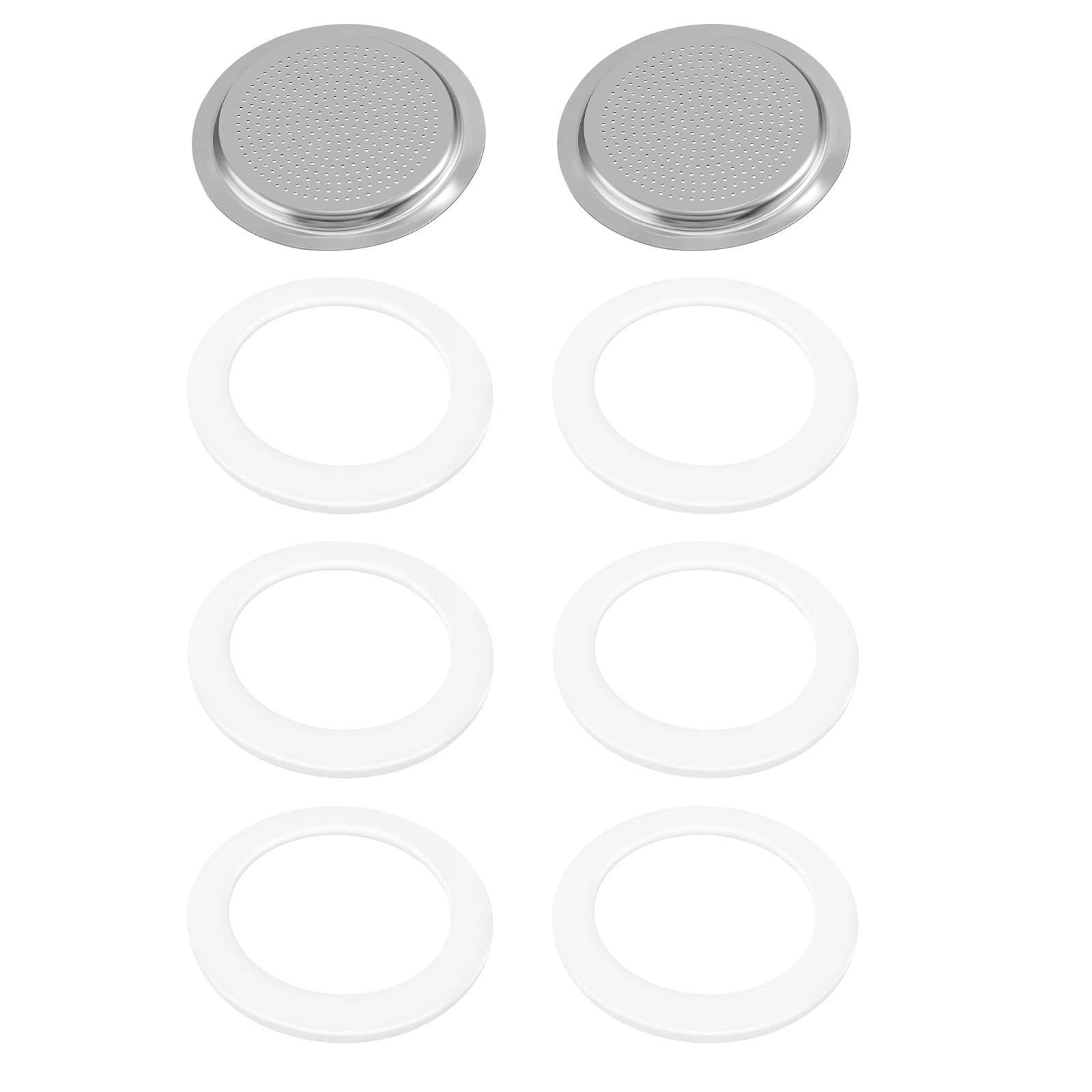 Photo 1 of 6 Pieces Moka Pot Replacement Cup Gasket with 2 Pcs Stainless Filter Silicone Moka Express Replacement Seals Funnel Kits Compatible Espresso Coffee Maker Parts(6-cup)
