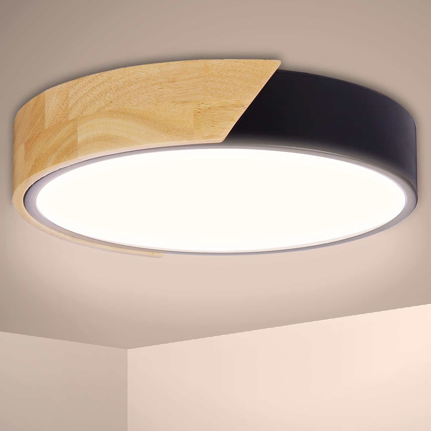 Kimjo LED Ceiling Light, 24W, 2400LM, 4500K, Neutral White, 30 x 5 cm Wooden Round Light for Bedroom, Living Room, Kitchen, Hallway, Hotel